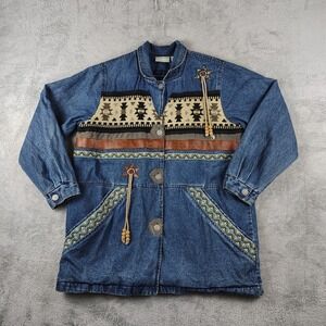 Vtg 90's Streetwear Jean Aztec Denim Jacket Size Lg  Western Quilt Lined